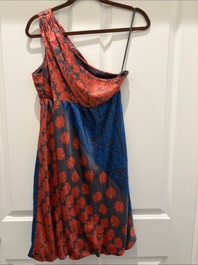 Tibi One-Shoulder Mixed Print Dress in Rust and Blue